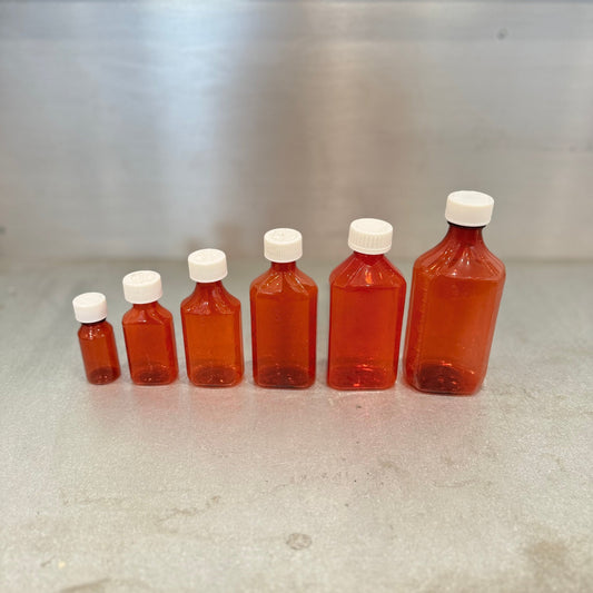 Liquid Medicine Bottles with Caps - Amber Different Caps Lineup