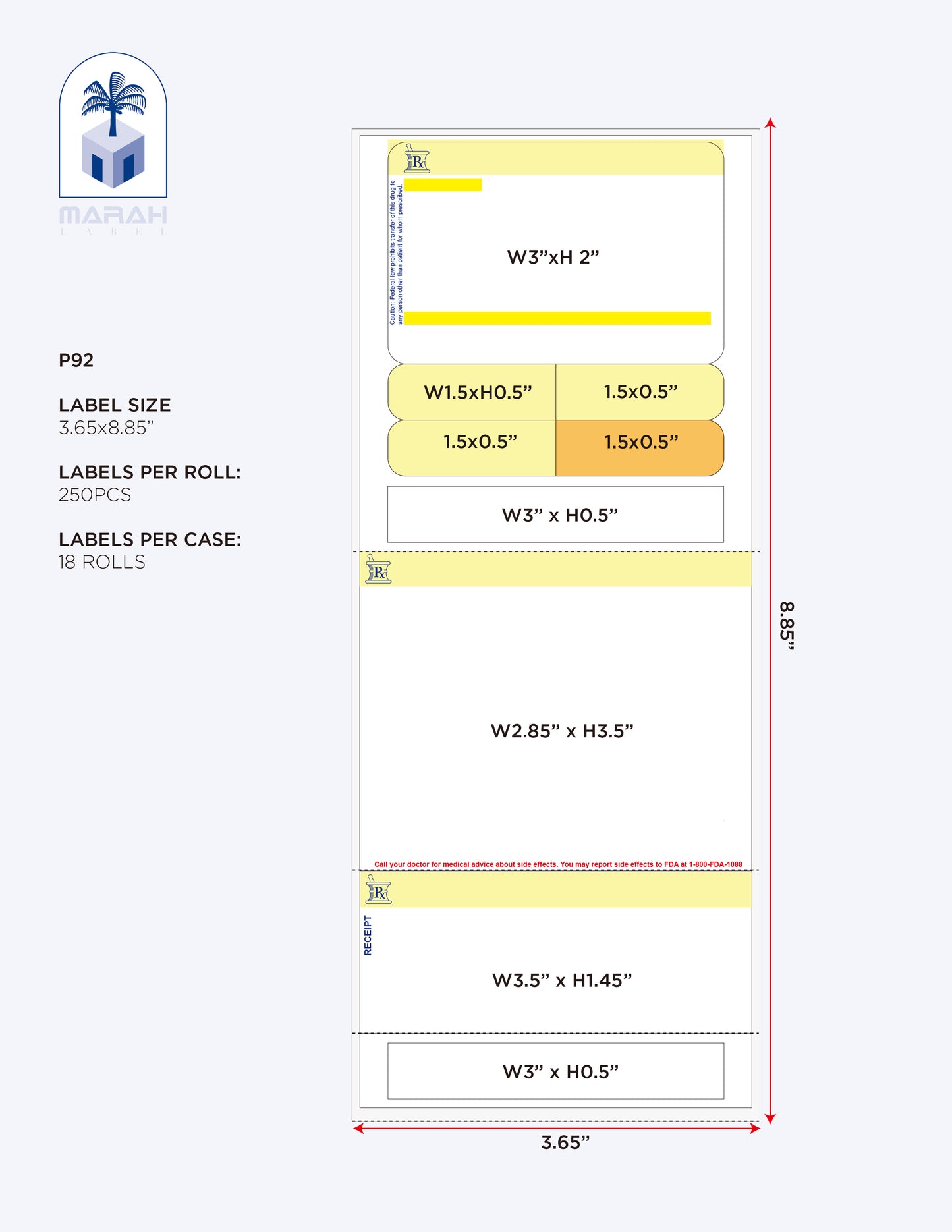 Marah Design Blank Prescription Label Size - Direct Thermal Label - Yellow and White