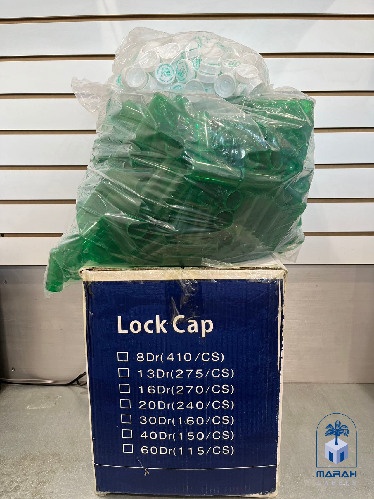 Lock Push Down and Turn Cap Vials green 8 drams box and bag