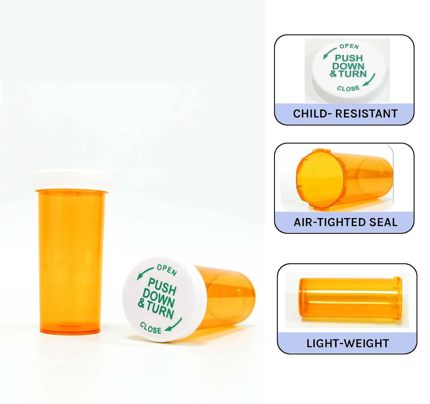 Push Down and Turn Cap Vials - Child-Resistant & BPA-Free Medication Containers for Personal Use