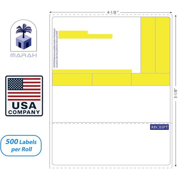 Marah C1135 Prescription Labels Direct Thermal Prescription Labels 4.125" W x 5" L RX Labels Pharmacy Grade with Scratch and UV Resistance Pharmacy Grade 500 Label Per Roll 