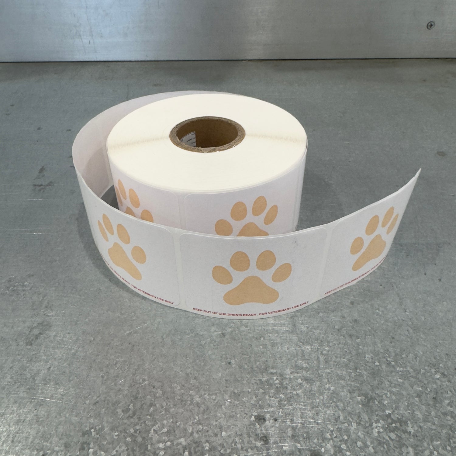 Marah Design Veterinary Prescription Label with Paw Print and Warning Roll Unfurled
