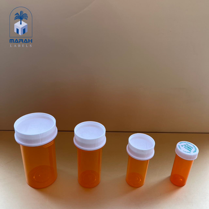marah labels assorted prescription bottles reversible caps - different sizes 
 closeup 