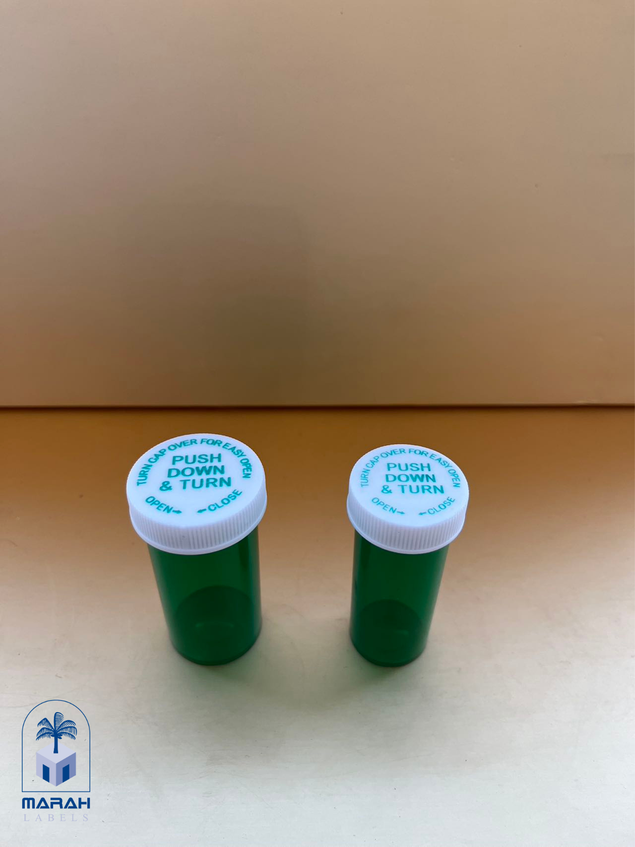 Lock Push Down and Turn Cap Vials 8 drams and 13 drams top view