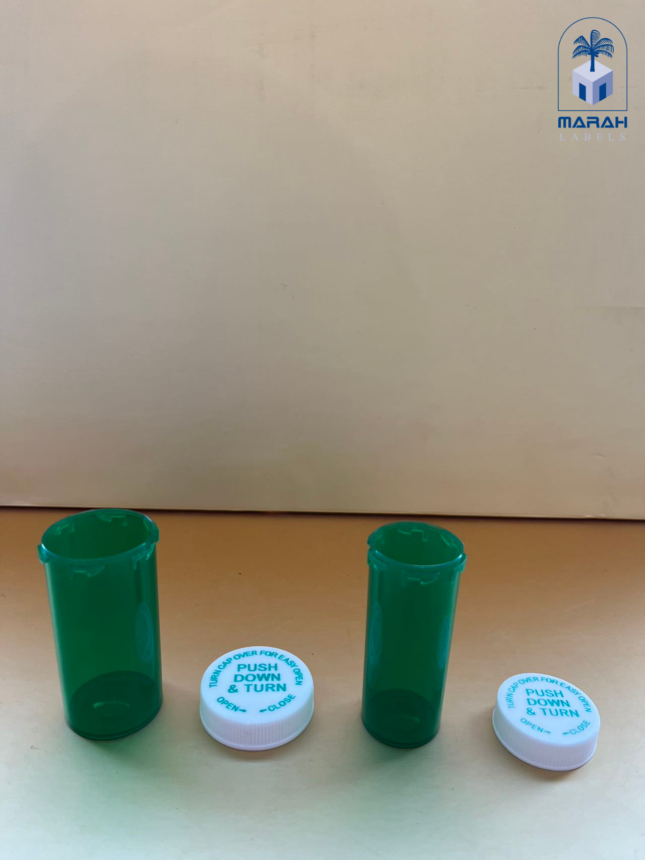 Lock Push Down and Turn Cap Vials without caps  on 8 drams and 13 drams green
