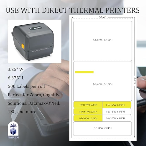 Marah C1123 Prescription Labels Direct Thermal Prescription Labels 3.25" W x 6.375" L RX Labels Pharmacy Grade with Scratch and UV Resistance Pharmacy Grade 500 Label Per Roll Direct Thermal Printer Labels